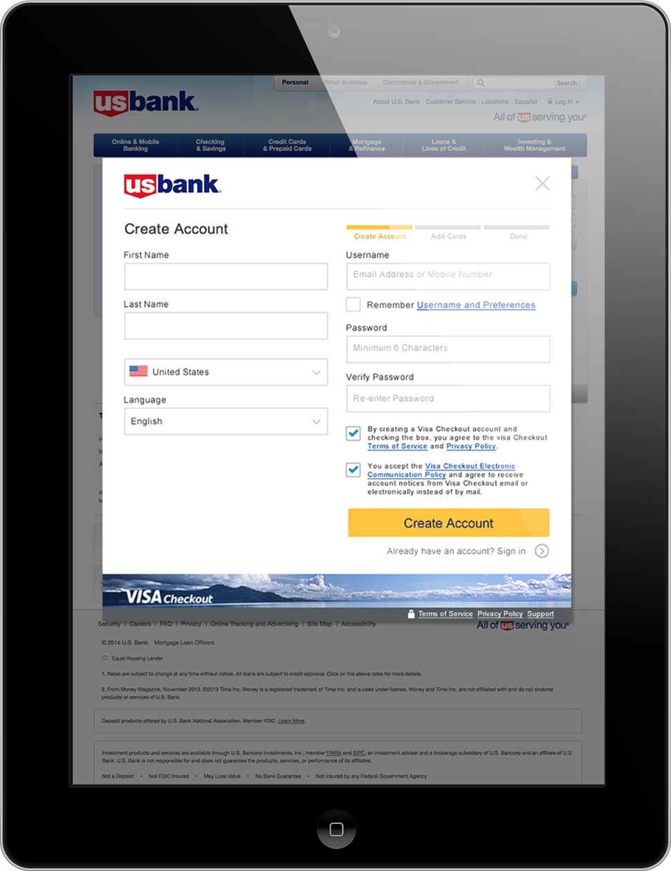A tablet displaying a Visa Checkout enrollment form on the U.S. Bank website.